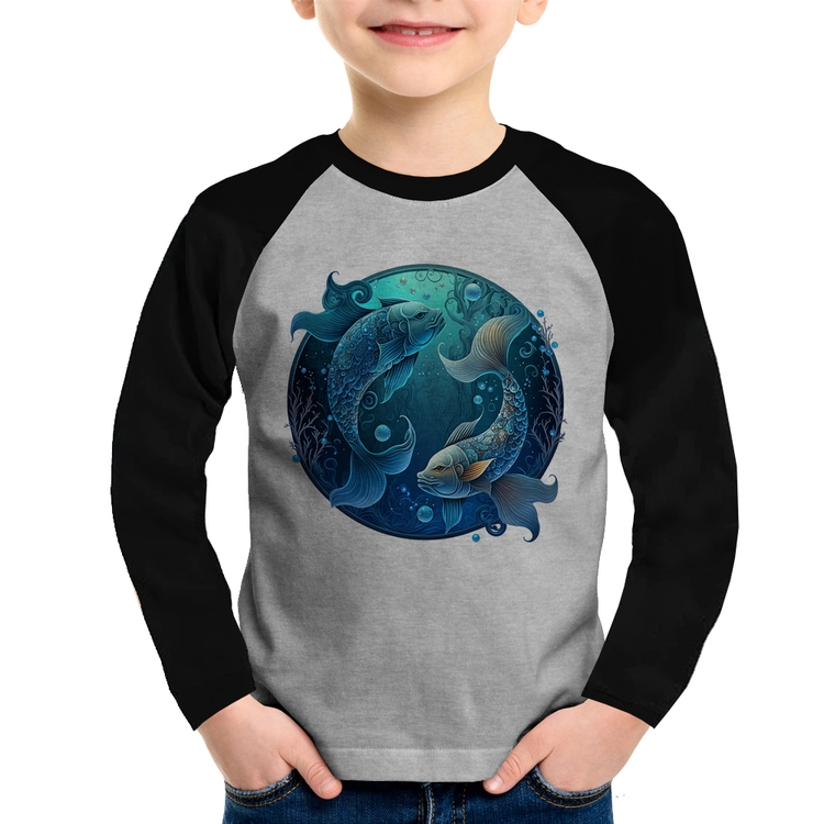 Camiseta Raglan Infantil Peixes Sígno Manga Longa - Cinza/Preto