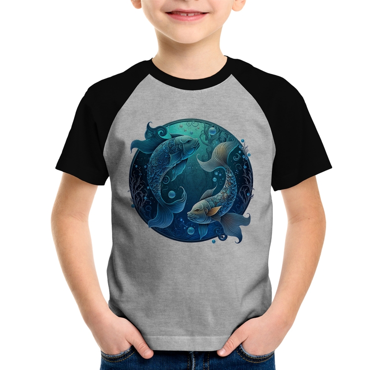 Camiseta Raglan Infantil Peixes Sígno - Cinza/Preto