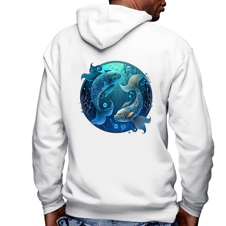 Blusa Moletom Peixes Sígno Masculina com Capuz e Zíper - Branca