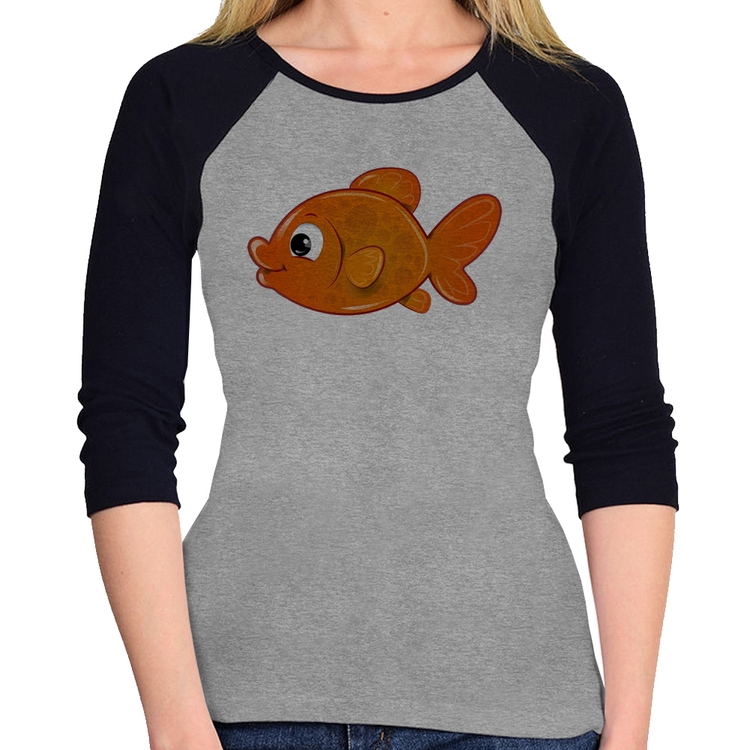 Baby Look Raglan Peixinho Brinquedo Manga 3/4 - Cinza/Preto