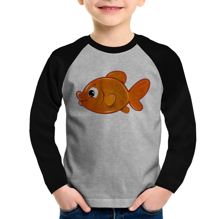 Camiseta Raglan Infantil Peixinho Brinquedo Manga Longa - Cinza/Preto
