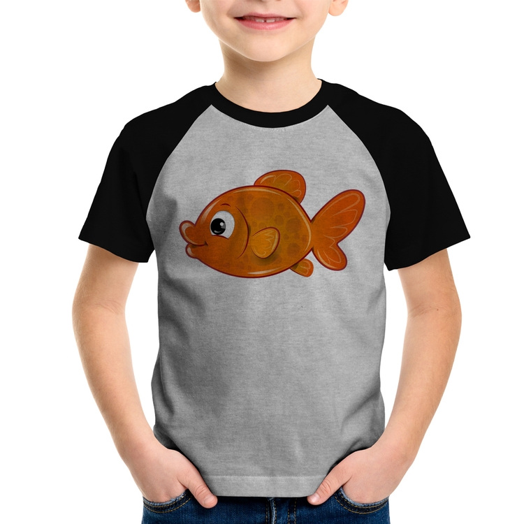 Camiseta Raglan Infantil Peixinho Brinquedo - Cinza/Preto