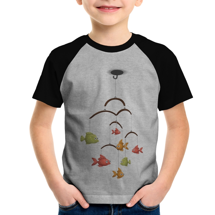 Camiseta Raglan Infantil Peixinhos Móbile - Cinza/Preto