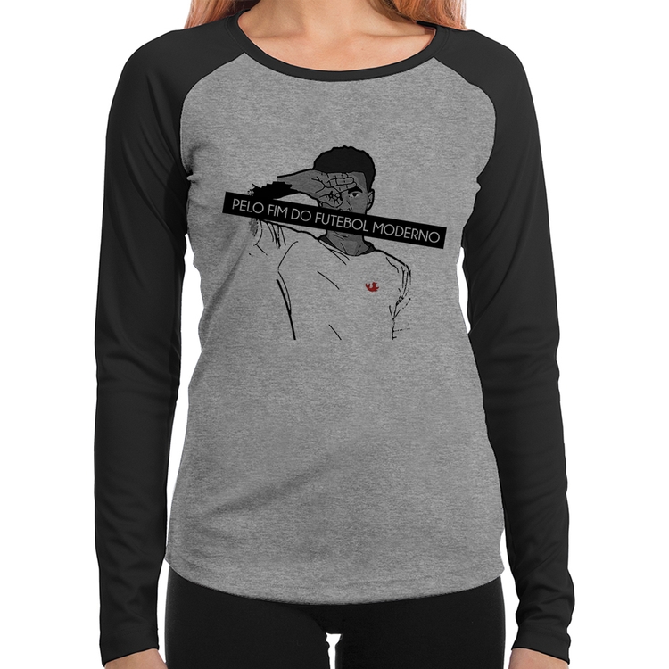 Baby Look Raglan Pelo fim do futebol moderno Manga Longa - Cinza/Preto