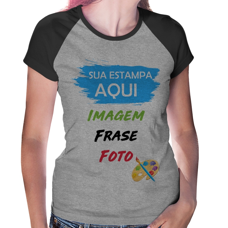 Baby Look Raglan Estampa Personalizada (Imagem, frase ou foto) - Cinza/Preto