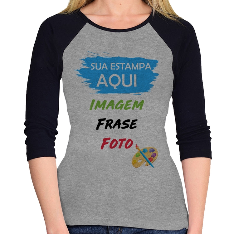 Baby Look Raglan Estampa Personalizada (Imagem, frase ou foto) Manga 3/4 - Cinza/Preto