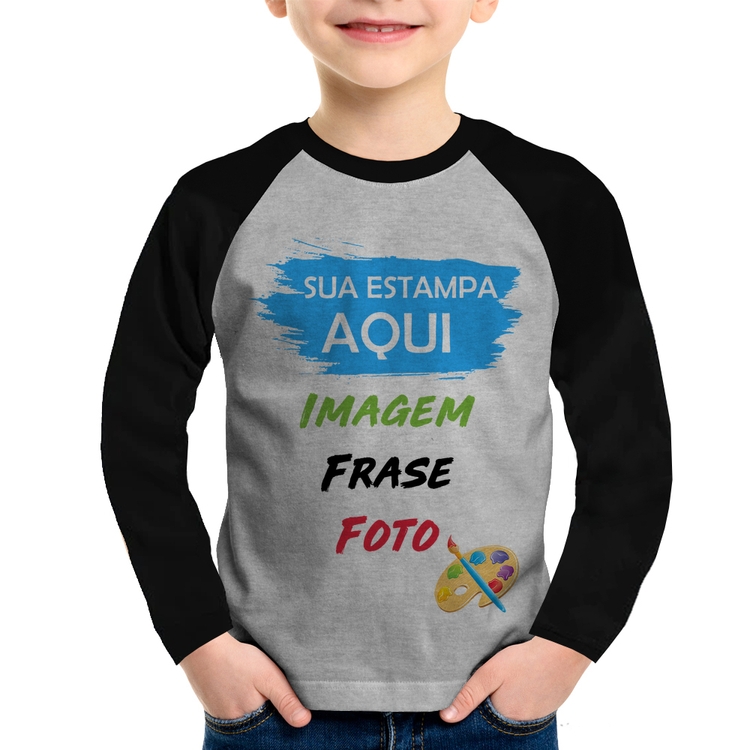 Camiseta Raglan Infantil Estampa Personalizada (Imagem, frase ou foto) Manga Longa - Cinza/Preto