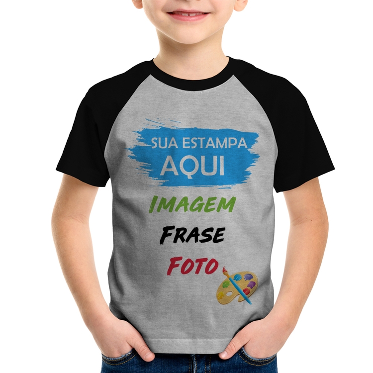 Camiseta Raglan Infantil Estampa Personalizada (Imagem, frase ou foto) - Cinza/Preto