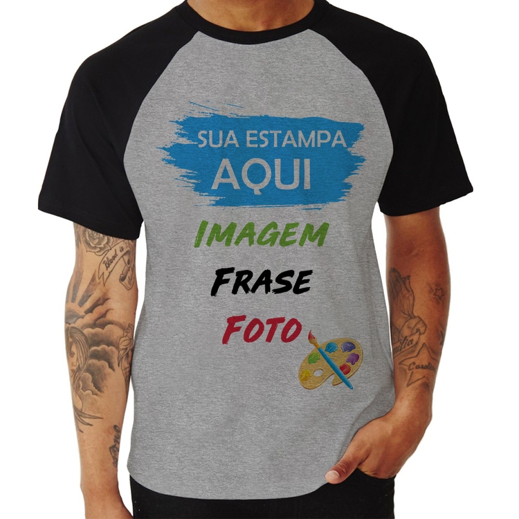 Camiseta Raglan Estampa Personalizada (Imagem, frase ou foto) - Cinza/Preto