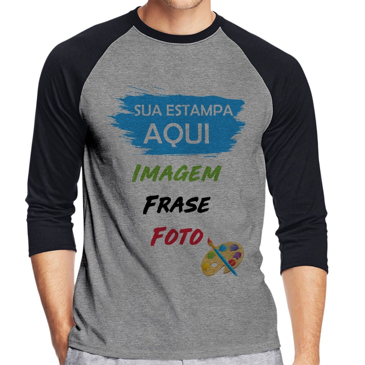 Camiseta Raglan Estampa Personalizada (Imagem, frase ou foto) Manga 3/4 - Cinza/Preto