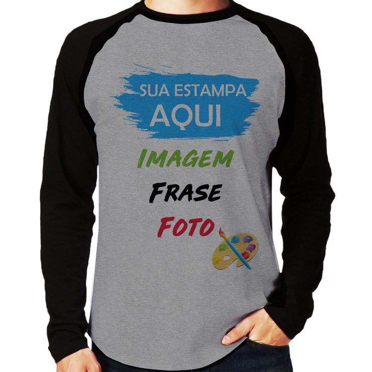Camiseta Raglan Estampa Personalizada (Imagem, frase ou foto) Manga Longa - Cinza/Preto