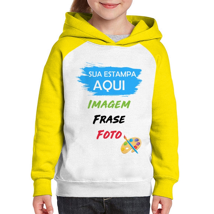 Moletom Infantil Estampa Personalizada (Imagem, frase ou foto) - Branco/Amarelo