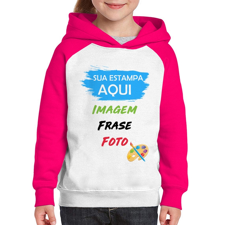 Moletom Infantil Estampa Personalizada (Imagem, frase ou foto) - Branco/Rosa