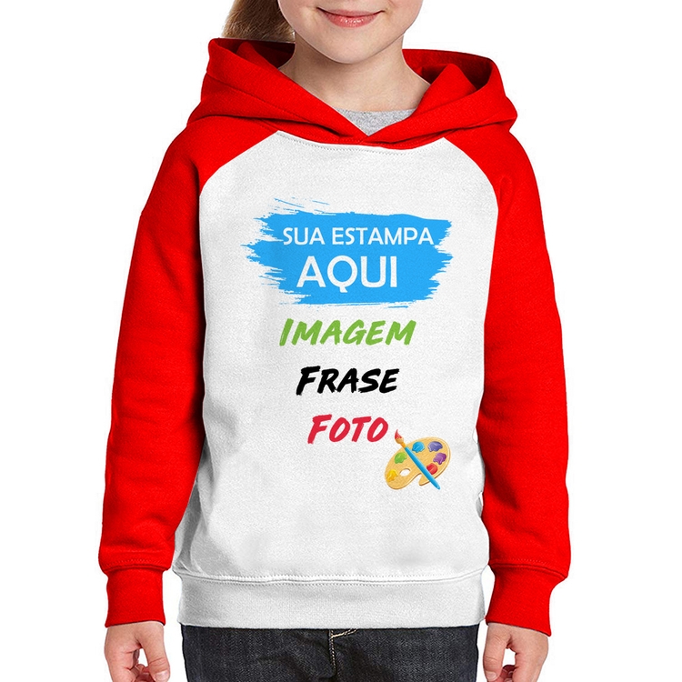 Moletom Infantil Estampa Personalizada (Imagem, frase ou foto) - Branco/Vermelho