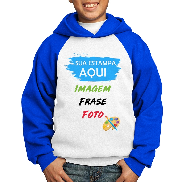 Moletom Infantil Estampa Personalizada (Imagem, frase ou foto) - Branco/Azul