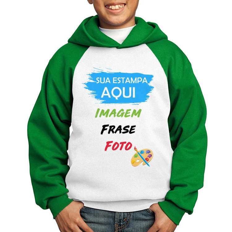 Moletom Infantil Estampa Personalizada (Imagem, frase ou foto) - Branco/Verde