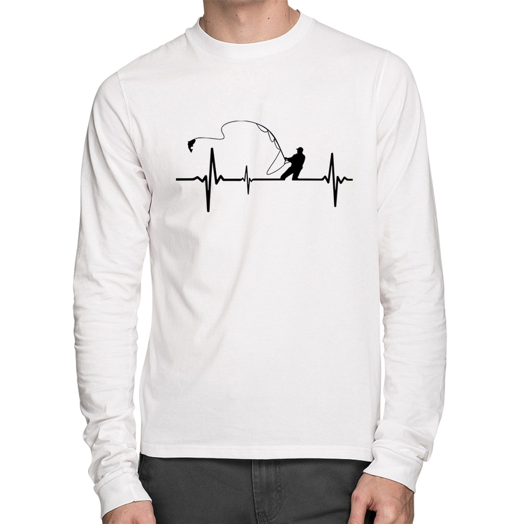 Camiseta Algodão Pescador Batimentos Cardíacos Manga Longa - Branca