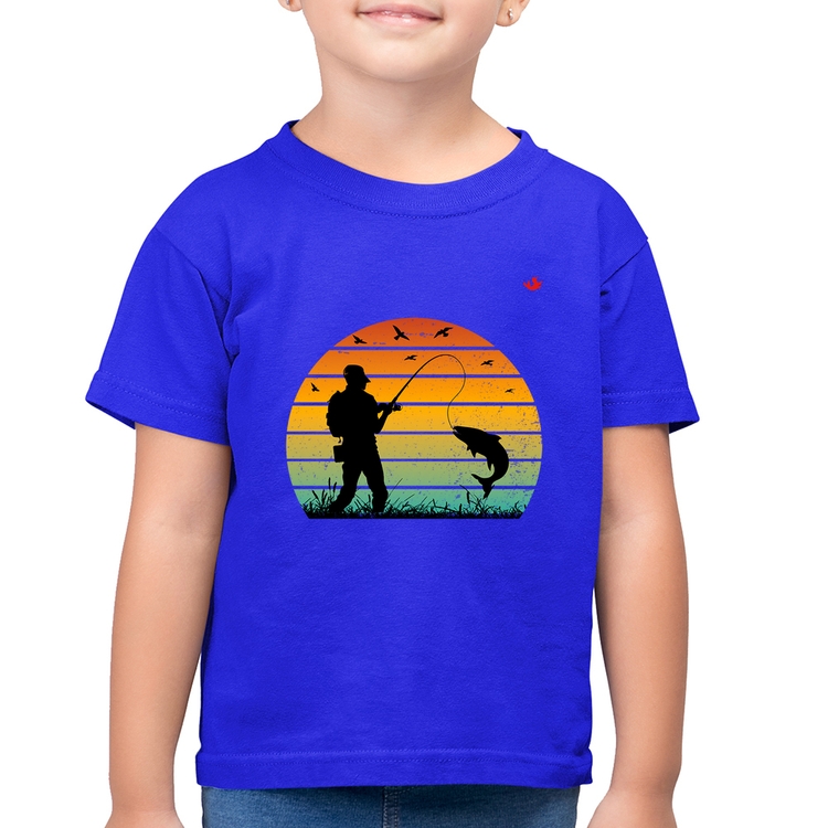 Camiseta Algodão Infantil Pescaria Vintage Sunset - Azul Royal