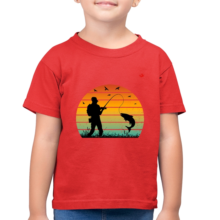 Camiseta Algodão Infantil Pescaria Vintage Sunset - Vermelha