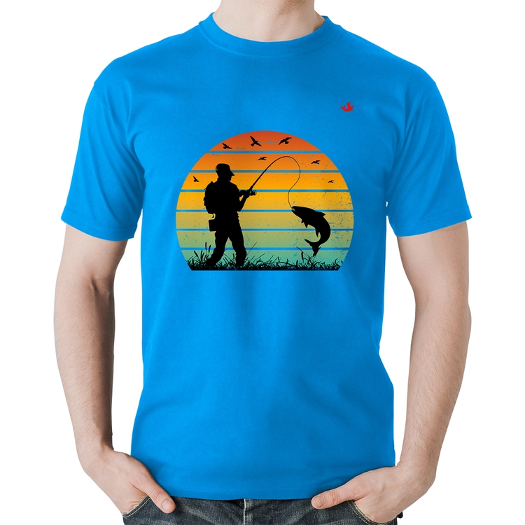 Camiseta Algodão Pescaria Vintage Sunset - Azul