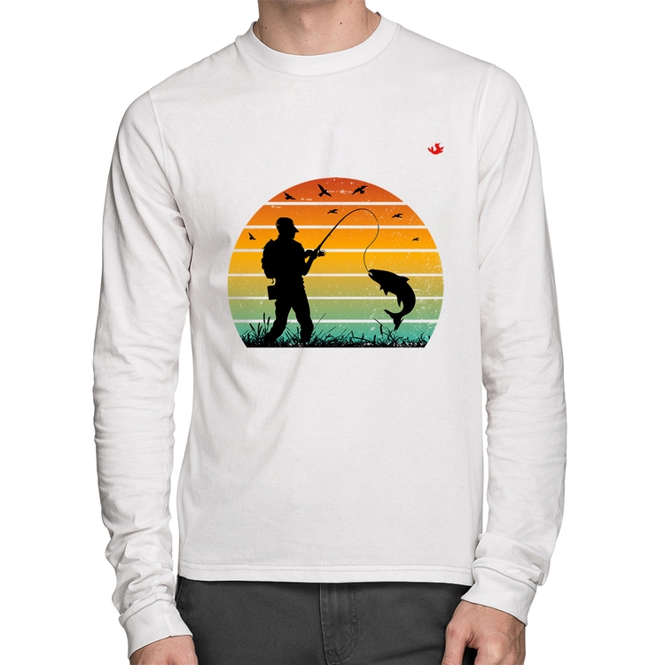 Camiseta Algodão Pescaria Vintage Sunset Manga Longa - Branca