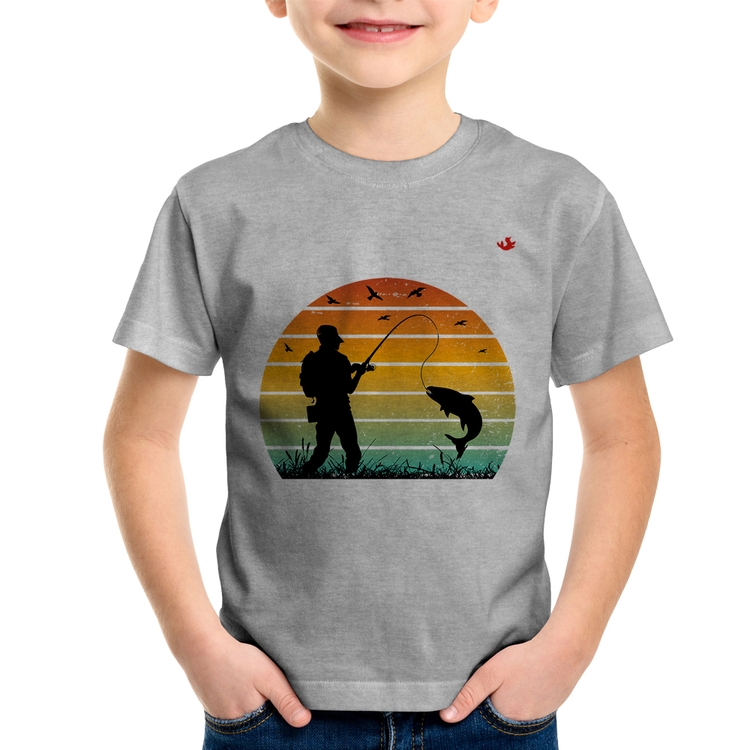 Camiseta Infantil Pescaria Vintage Sunset - Cinza
