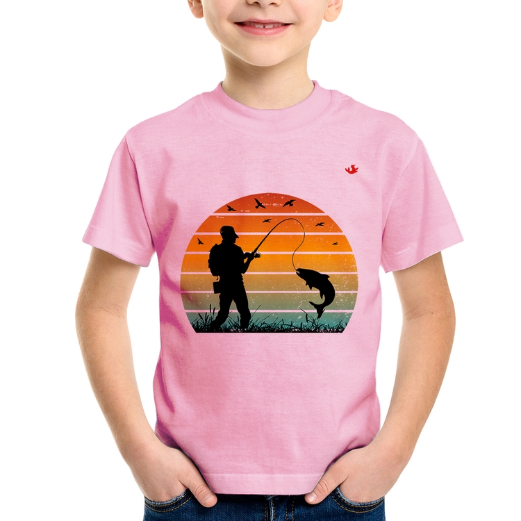 Camiseta Infantil Pescaria Vintage Sunset - Rosa Bebê