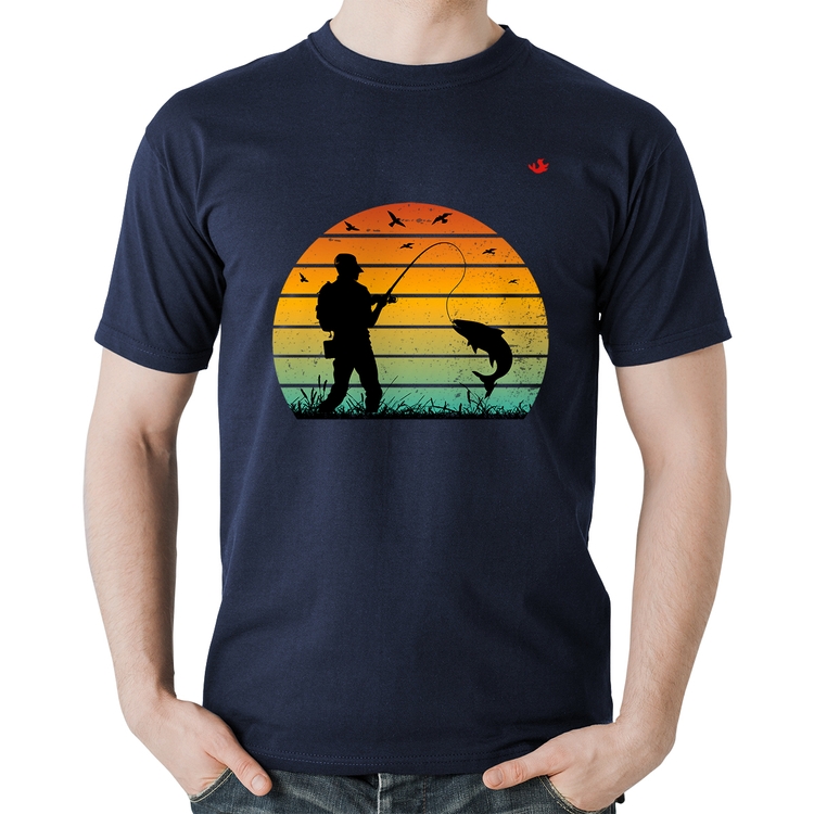 Camiseta Algodão Pescaria Vintage Sunset - Marinho