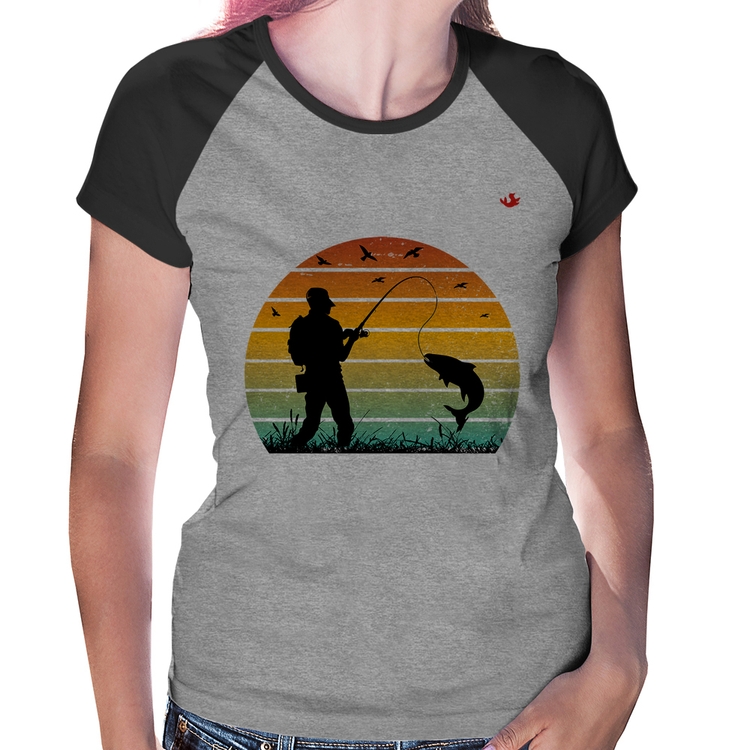 Baby Look Raglan Pescaria Vintage Sunset - Cinza/Preto