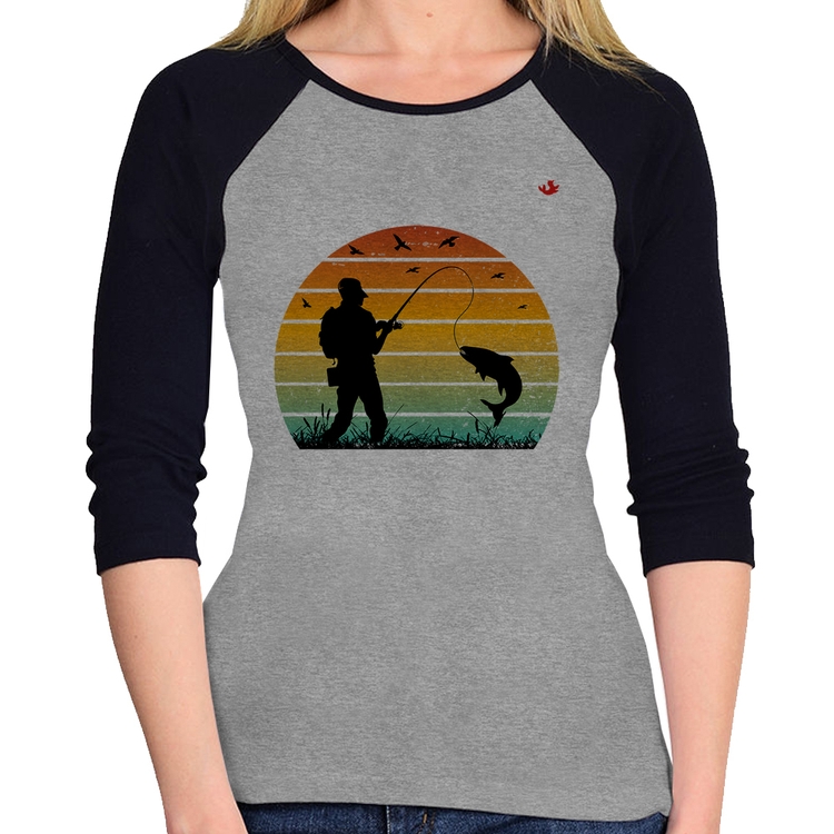 Baby Look Raglan Pescaria Vintage Sunset Manga 3/4 - Cinza/Preto