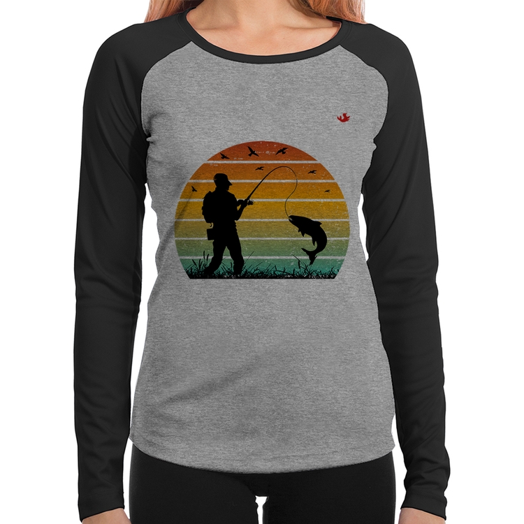 Baby Look Raglan Pescaria Vintage Sunset Manga Longa - Cinza/Preto