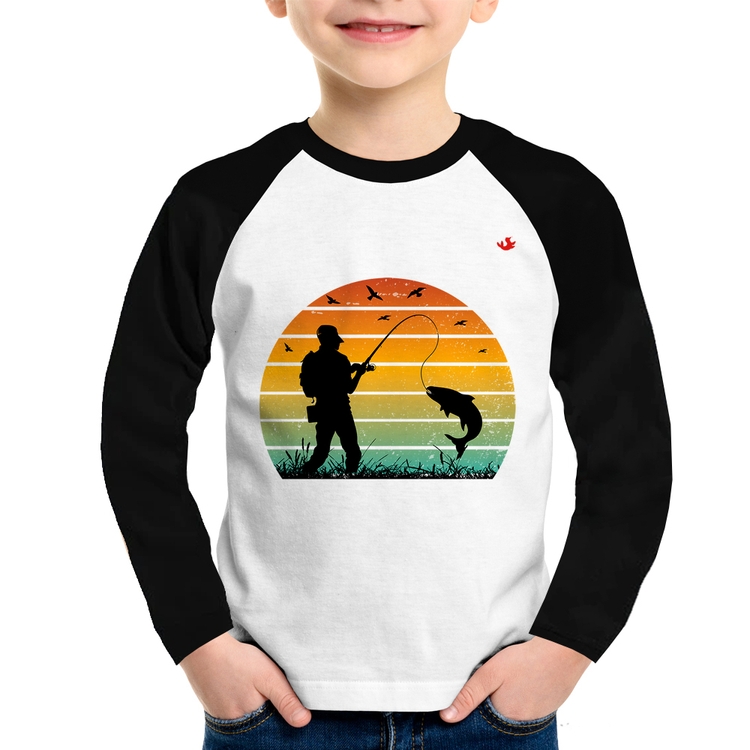 Camiseta Raglan Infantil Pescaria Vintage Sunset Manga Longa