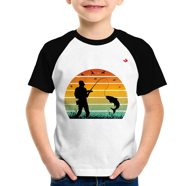 Camiseta Raglan Infantil Pescaria Vintage Sunset