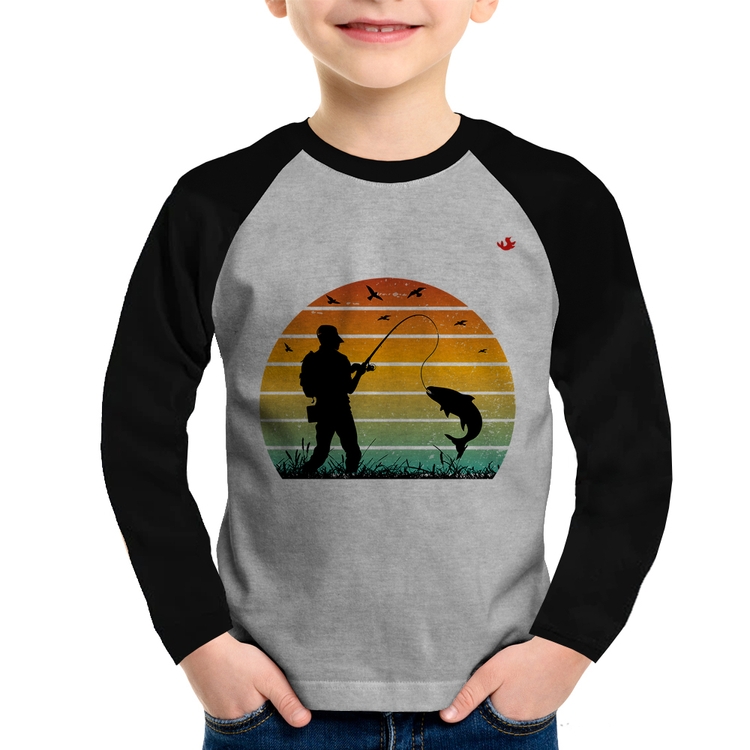 Camiseta Raglan Infantil Pescaria Vintage Sunset Manga Longa - Cinza/Preto