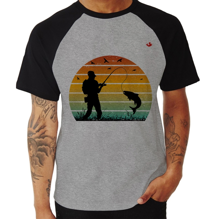 Camiseta Raglan Pescaria Vintage Sunset - Cinza/Preto