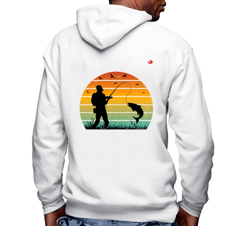 Blusa Moletom Pescaria Vintage Sunset Masculina com Capuz e Zíper - Branca