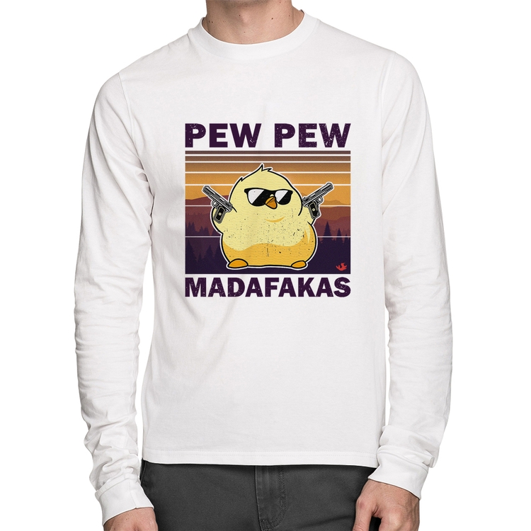 Camiseta Algodão Pew Pew Madafakas Manga Longa - Branca