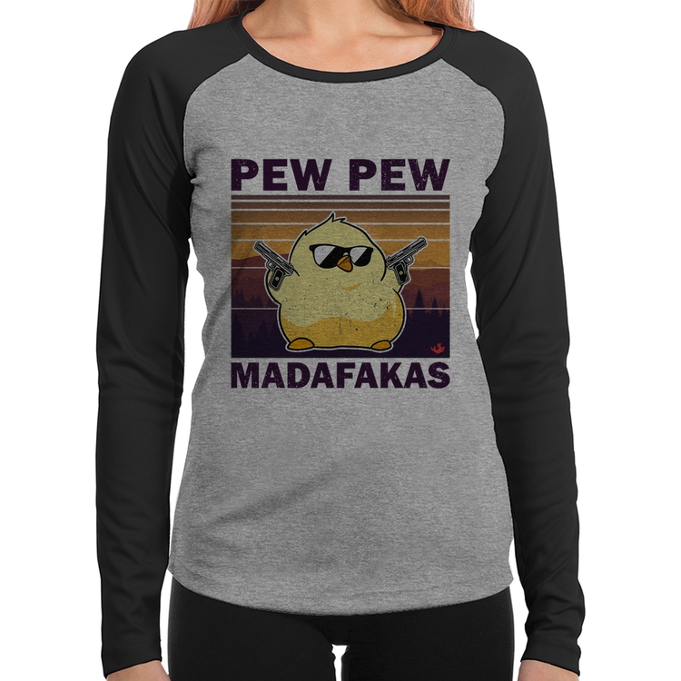 Baby Look Raglan Pew Pew Madafakas Manga Longa - Cinza/Preto