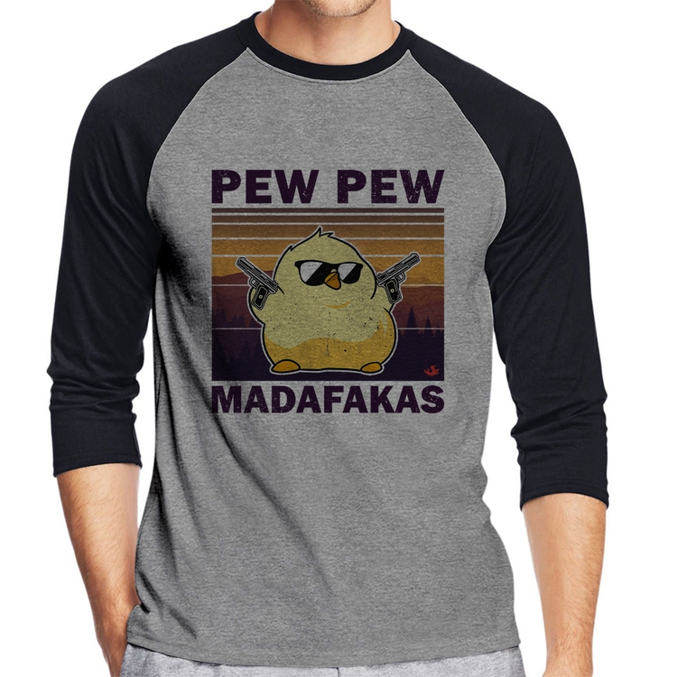 Camiseta Raglan Pew Pew Madafakas Manga 3/4 - Cinza/Preto