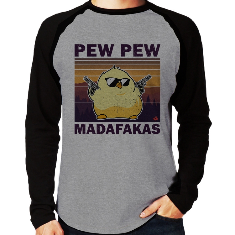 Camiseta Raglan Pew Pew Madafakas Manga Longa - Cinza/Preto