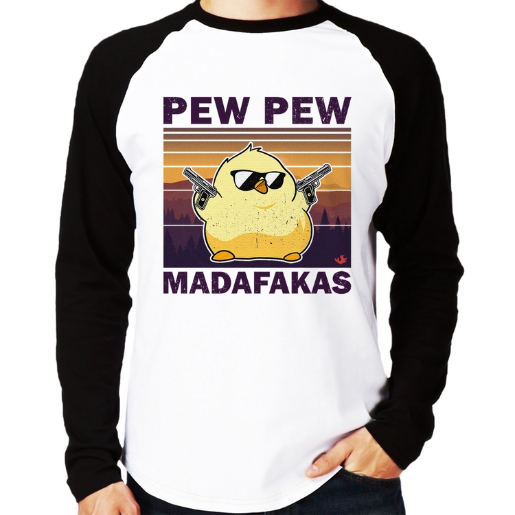 Camiseta Raglan Pew Pew Madafakas Manga Longa