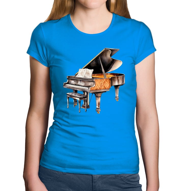 Baby Look Algodão Piano Arte - Azul