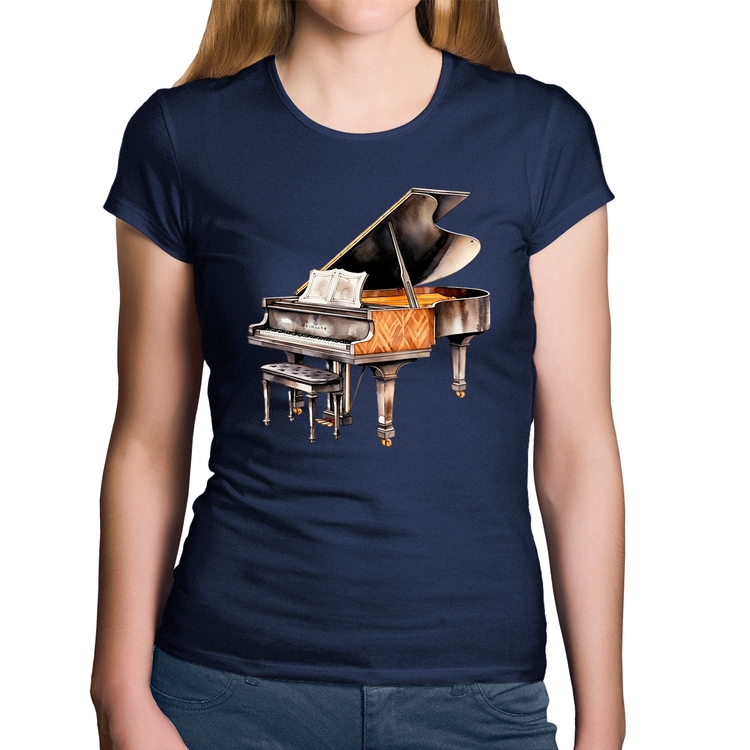 Baby Look Algodão Piano Arte - Marinho