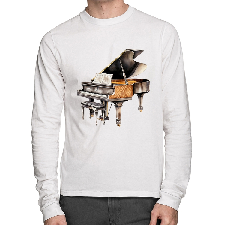 Camiseta Algodão Piano Arte Manga Longa - Branca