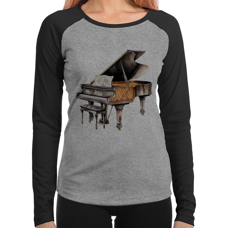 Baby Look Raglan Piano Arte Manga Longa - Cinza/Preto