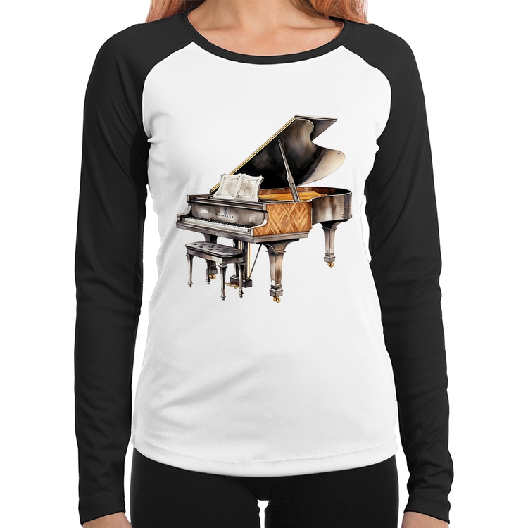 Baby Look Raglan Piano Arte Manga Longa