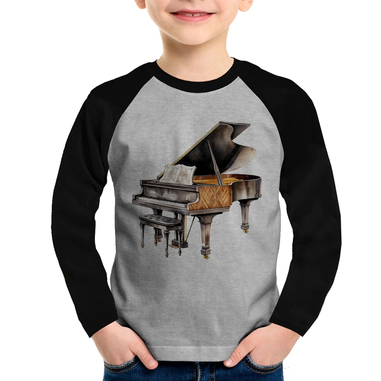 Camiseta Raglan Infantil Piano Arte Manga Longa - Cinza/Preto
