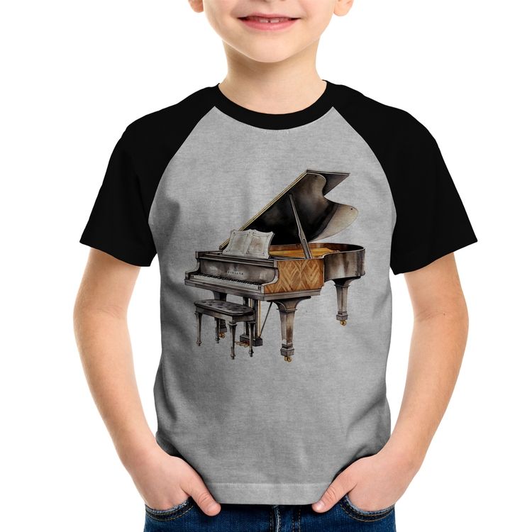 Camiseta Raglan Infantil Piano Arte - Cinza/Preto