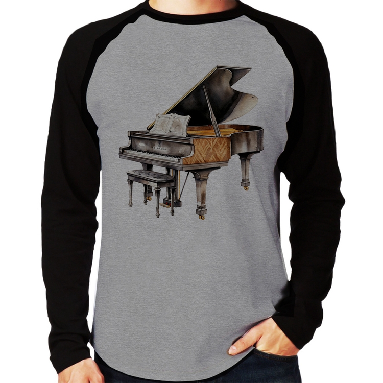 Camiseta Raglan Piano Arte Manga Longa - Cinza/Preto