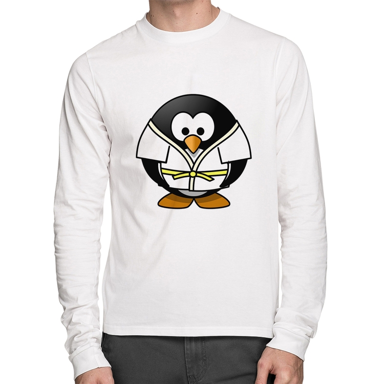 Camiseta Algodão Pinguim Judô Manga Longa - Branca